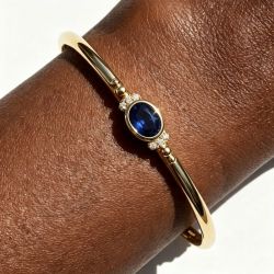 Bezel Set Gold Oval Cut Blue Sapphire Stackable Bracelet Bangle For Women