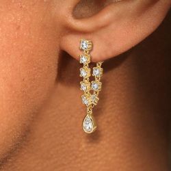Double Strand Bezel Golden Pear Cut White Sapphire Dangle Earrings Drop Earrings For Women