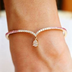 Gold Pear Cut White & Pink Sapphire Gradient V-Shape Bracelet Bangle For Women Bridal Jewelry