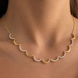 Gold Round Cut White Sapphire Wavy Solid & Pave Moon Pendant Necklace For Women