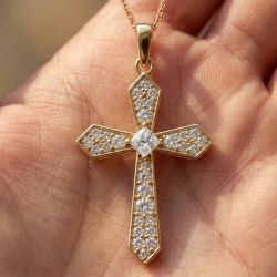 Gold Princess & Round Cut White Sapphire Gothic Cross Pendant Necklace For Women