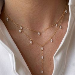 Elegant Eternity Gold Marquise Cut White Sapphire Double Layer Lariat Necklace Drop Y‑Necklace For Women Statement Jewelry 