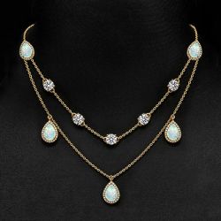 Gold Double Layer Halo Pear Cut Opal Necklace Layered Chain Necklace For Women