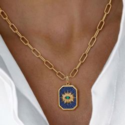 Two Tone Evil Eye Pave Setting Gold Round Cut Blue & Emerald Sapphire Paperclip Chain Tag Necklace Pendant Necklace For Women 