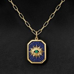 Two Tone Evil Eye Pave Setting Gold Round Cut Blue & Emerald Sapphire Paperclip Chain Tag Necklace Pendant Necklace For Women 