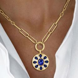 Gold Paperclip Chain Oval Cut Blue Sapphire Sunburst Coin Pendant Necklace For Women