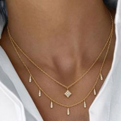 Gold Double Layer Round Cut White Sapphire Tassel Necklace Pendant Necklace For Women