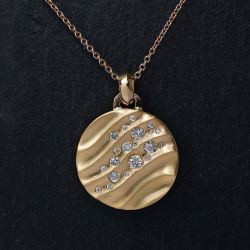 Gold Wavy Textured Round Cut White Sapphire Coin Necklace Pendant Necklace For Women