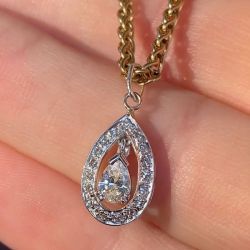 Two Tone Halo Hollow Design Pear Cut White Sapphire Rope Chain Pendant Necklace For Women