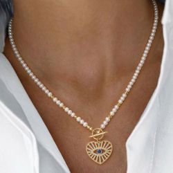 Gold Round Cut Pearl & Blue Sapphire Evil Eye Heart Necklace Layering Necklace For Women Boho Toggle Clasp Necklace 