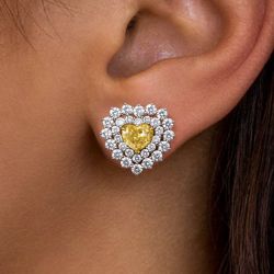 Double Halo Two Tone Heart Cut Yellow Sapphire Bridal Stud Earrings For Women
