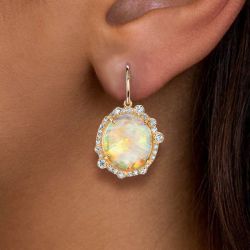 Gold Halo Oval Cut Opal Drop Earrings For Women