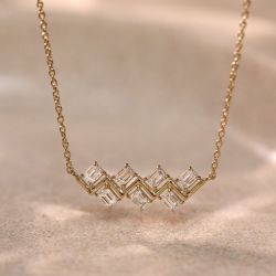 Gold Emerald Cut White Sapphire V-Shape Zig Zag Curved Smile Necklace Pendant Necklace For Women