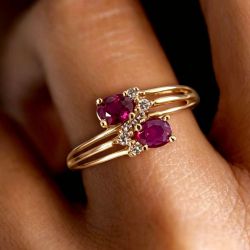 Gold Oval Cut Ruby Sapphire Twist Split Shank Cluster Design Engagement Ring For Women Promise Jewelry