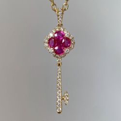Gold Oval Cut Ruby Sapphire Four‑Leaf Clover Key Pendant Necklace For Women