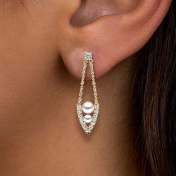 Gold Chain Round Cut Double Pearl Teardrop Dangling Earrings Drop Earrings For Women