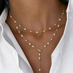Gold Round Cut Pearl & White Sapphire Layered Necklace For Women