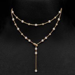 Gold Round Cut Pearl & White Sapphire Layered Necklace For Women