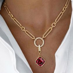 Gold Paperclip Chain Necklace Asscher Cut Ruby Sapphire Pendant Necklace For Women 