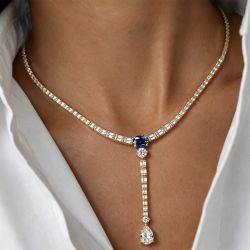 Gold Multi Cut Blue Sapphire Bridal Lariat Necklace Y‑Drop Tennis Necklace For Women