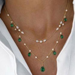 Double Row Golden Pear Cut Emerald Sapphire Layered Necklace Pendant Necklace For Women