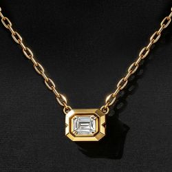 Gold Bezel Set Emerald Cut White Sapphire Paperclip Chain Pendant Necklace For Wome