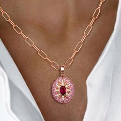 Two Tone Halo Eight Point Star Oval Cut Ruby Sapphire Paperclip Chain Necklace Pendant Necklace For Women