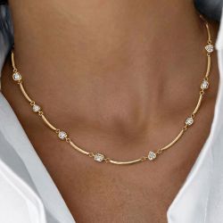 Gold Multi-Cut White Sapphire Curved Bar Chain Link Necklace Pendant Necklace For Women