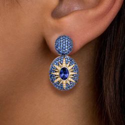 Two Tone Pave Setting Oval Cut Blue Sapphire Sunburst Earrings Drop Earrings For Women 