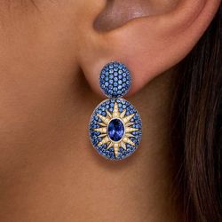 Two Tone Pave Setting Oval Cut Blue Sapphire Sunburst Earrings Drop Earrings For Women 