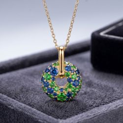 Gold Round Cut Emerald & Blue Sapphire Circle Stackable Necklace Pendant Necklace For Women