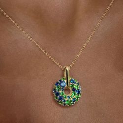 Gold Round Cut Emerald & Blue Sapphire Circle Stackable Necklace Pendant Necklace For Women