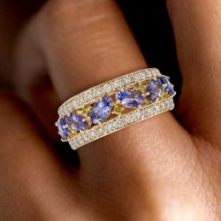 Two Tone Triple Row Oval Cut Tanzanite Half Eternity Cocktail Ring Wedding Band For Women