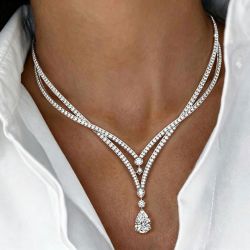 Double Row Pear Cut White Sapphire Layered V-Necklace For Women