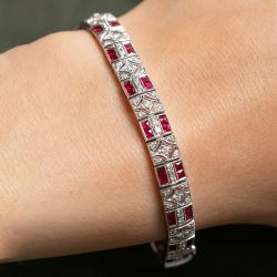 Art Deco Milgrain Princess & Round Cut Ruby & White Sapphire Tennis Bracelet For Women