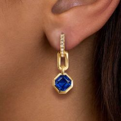Golden Bezel Asscher Cut Blue Sapphire Drop Earrings For Women