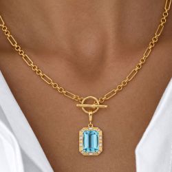 Gold Emerald Cut Aquamarine Paperclip Chain Necklace Pendant Necklace For Women