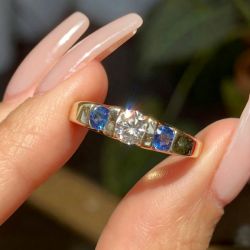 Gold Three Stone Round Cut Blue Sapphire Engagement Ring For Women