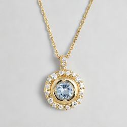 Gold Halo Bezel Round Cut Aquamarine Pendant Necklace For Women
