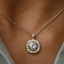Gold Halo Bezel Round Cut Aquamarine Pendant Necklace For Women