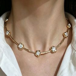 Gold Bamboo Design Round Cut White Sapphire Choker Necklace For Women