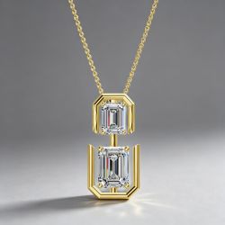 Gold Emerald Cut White Sapphire Vertical Double Rectangle Stone Pendant Necklace For Women