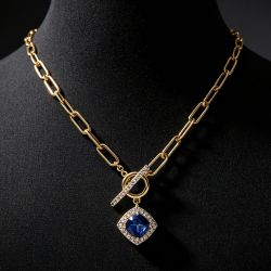 Halo Gold Cushion Cut Blue Sapphire Paperclip Chain Toggle Pendant Necklace For Women