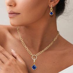 Gold Asscher Cut Blue Sapphire Necklace & Earrings Set For Women Wedding Jewelry