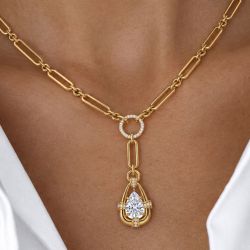 Gold Pear Cut White Sapphire Y Drop Necklace Paperclip Chain Pendant Necklace For Women