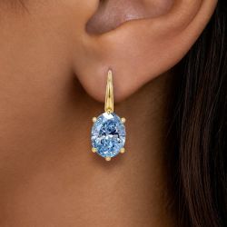 Golden Solitaire Oval Cut Aquamarine Sapphire Drop Earrings For Women