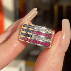 Gold Multi-Row Asscher Cut Blue & Ruby Sapphire Wedding Band For Women