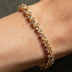 Gold Round Cut White Sapphire V-Shape Zigzag Tennis Bracelet For Women