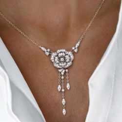 Art Deco Round Cut White Sapphire Camellia Cluster Y-Drop Tassel Pendant Necklace For Women