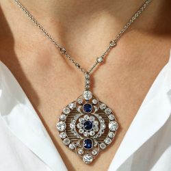 Art Deco Vintage Halo Round Cut Blue Sapphire Pendant Necklace For Women